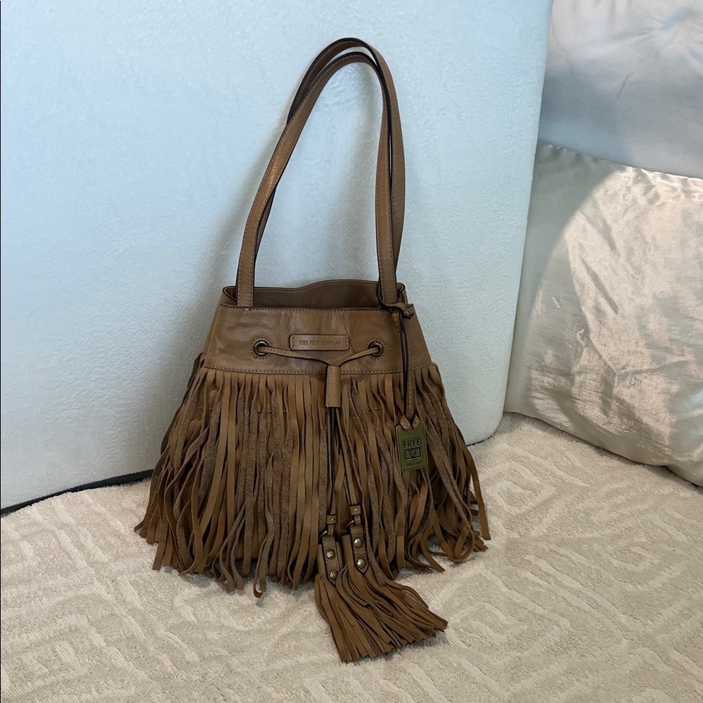 Frye tan fringe leather bucket bag
